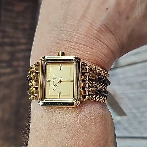 NWT JESSICA SIMPSON MULTI-CHAIN BRAIDED BAND GOLD TONE RECTANGLE WATCH - Picture 3 of 14